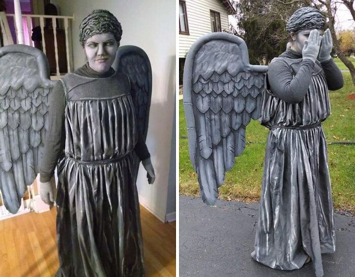 Child dressed in an amazing Halloween costume as a stone angel statue with detailed wings and textured outfit outdoors and indoors.