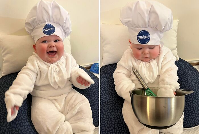 Baby dressed as Pillsbury doughboy in kids Halloween costume idea, wearing white chef hat and outfit, holding mixing bowl.