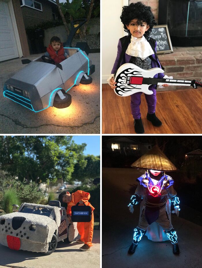 Kids wearing creative Halloween costumes including a car, rocker, dog, and glowing warrior for Halloween costume ideas.