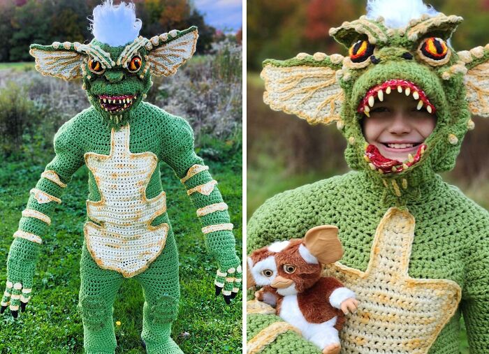 Child dressed in an amazing handmade green monster Halloween costume from creative kids' Halloween costume ideas.