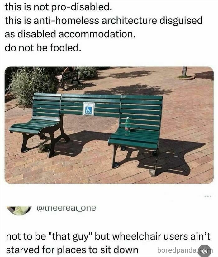 Bench with a gap labeled for disabled seating highlighting anti-homeless architecture and social commentary on accessibility design.