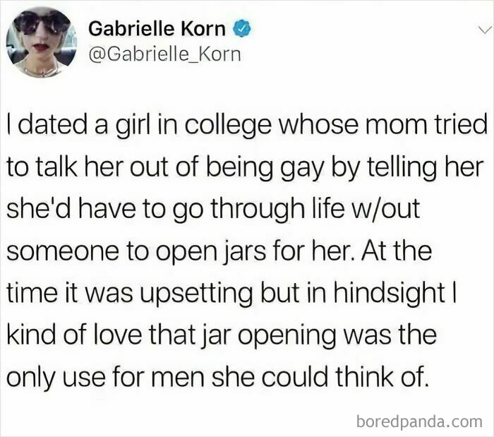 Tweet about dating a girl whose mom tried to talk her out of being gay, offering a daily serotonin boost with humor and reflection.