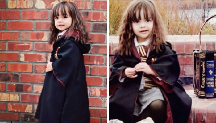 Child dressed in magical kids Halloween costume inspired by wizard school, standing and sitting by a brick wall and props.