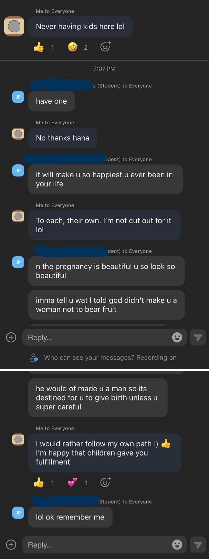 Chat conversation showing women serving brutal comebacks to creepy men refusing to have kids and follow their own path.