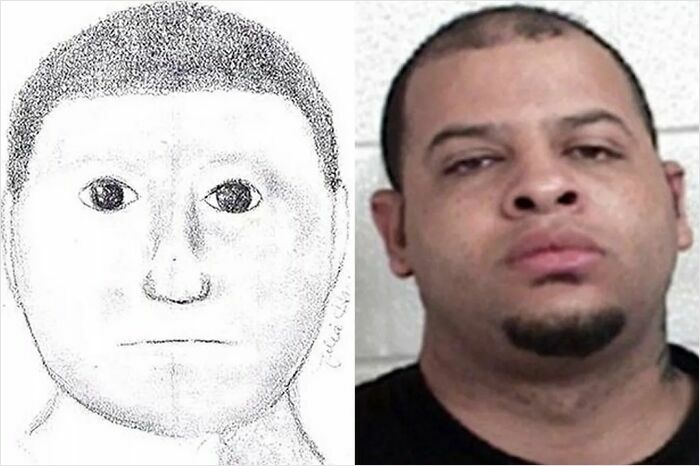 Side-by-side comparison of a police sketch and a man’s photo showing a poorly drawn caricature-like police sketch.