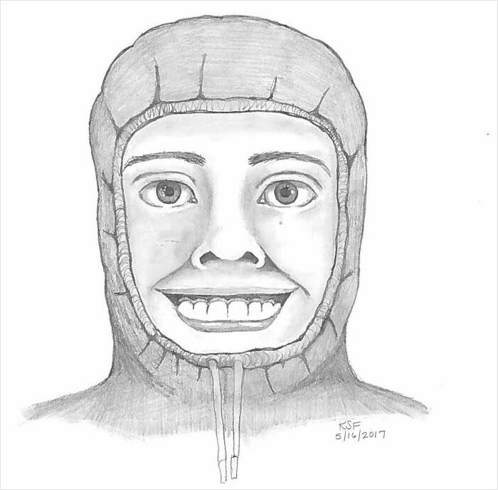 Police sketch drawing of a person wearing a hood with an exaggerated smile resembling a bad caricature style.