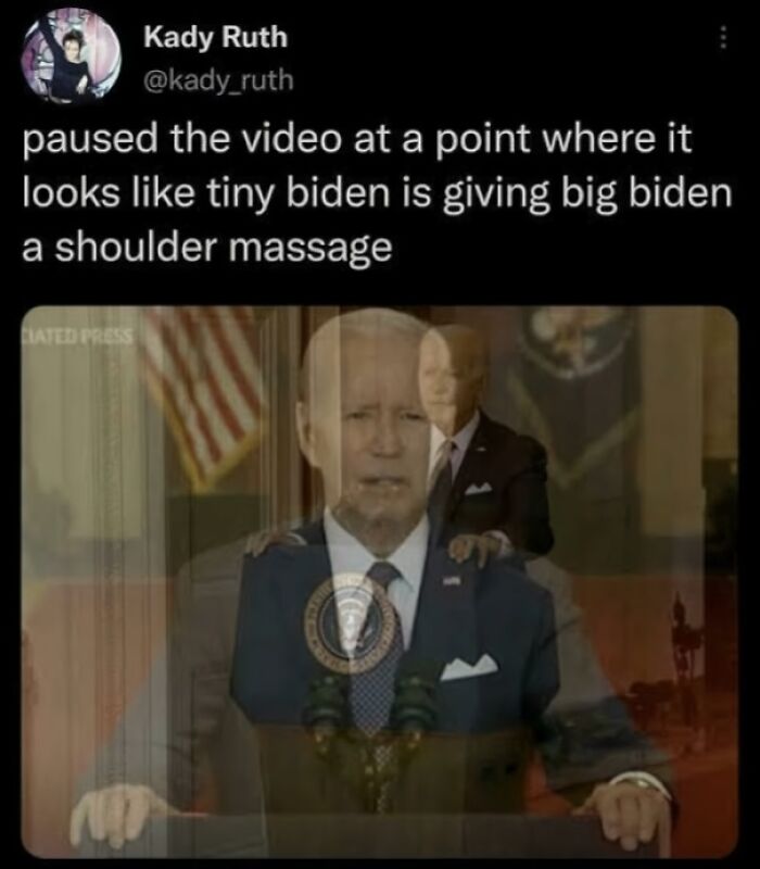 Hilarious post of a paused video creating an accidental meme of tiny Biden giving big Biden a shoulder massage.