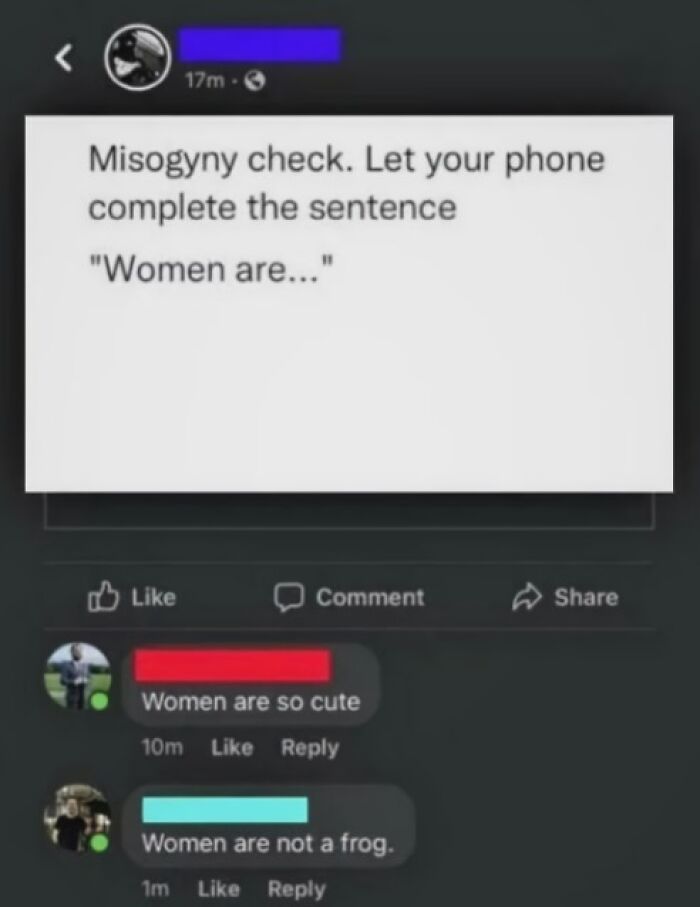 Social media post with comments humorously completing the sentence about women, highlighting hilarious accidental meme moments.