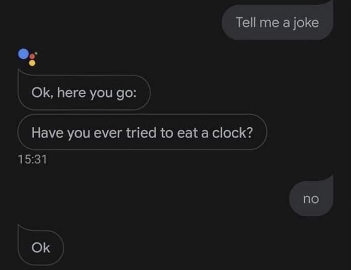 Screenshot of a hilarious text exchange where a joke about eating a clock becomes an instant meme post.