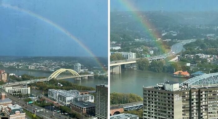 Rainbow appearing over a cityscape with bridges and buildings, a scene that could inspire hilarious posts and instant memes.