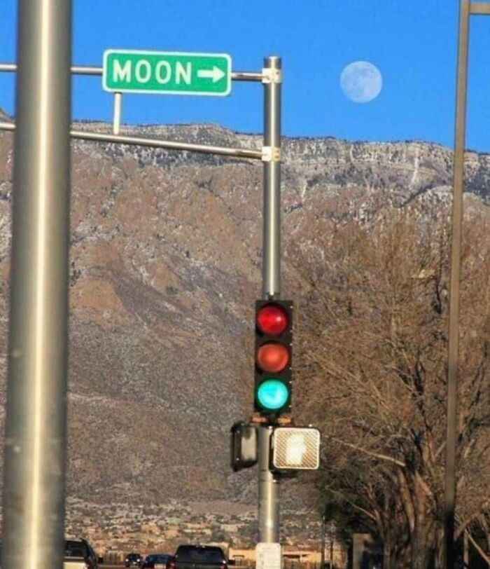 Street sign pointing to the moon with a visible moon in the background, a funny photo perfect for instant memes.