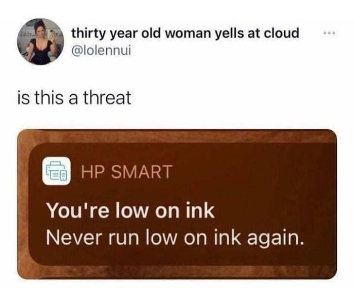 Screenshot of a humorous post about a printer warning low ink that accidentally became an instant meme.
