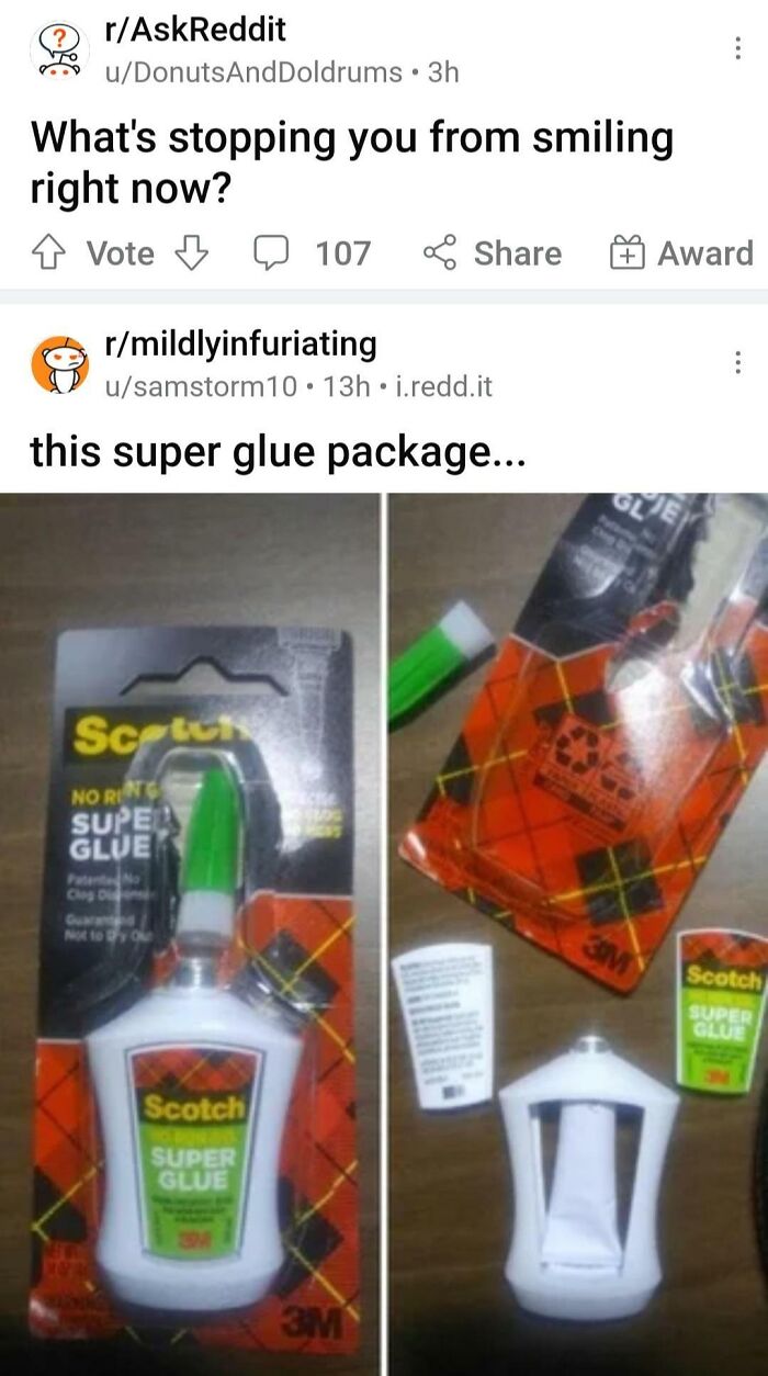 Reddit post humor showing a super glue package that traps the tube, creating an instantly hilarious meme.