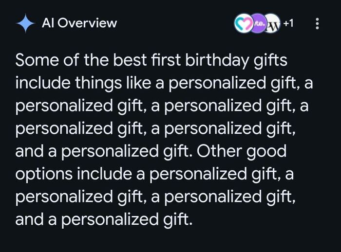Screenshot of a hilarious post repeating the phrase personalized gift multiple times, creating an accidental meme.