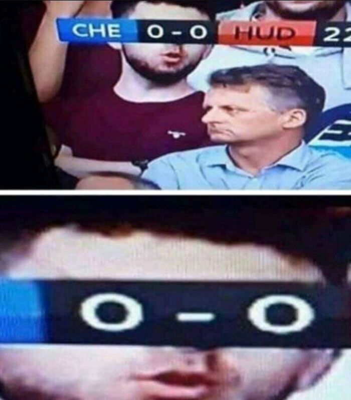 Man with a serious face at a soccer game becoming a hilarious instant meme from the score overlay blocking his eyes.