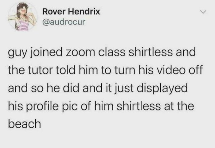 Screenshot of a humorous text about outsmarting grown-ups by using a profile picture to stay shirtless on Zoom class.