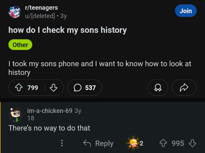 Reddit post showing a teenager explaining there is no way for a parent to check their kid's phone history.