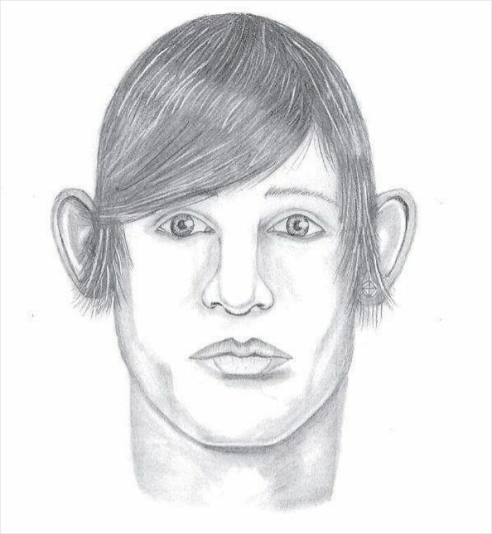 Police sketch drawing with exaggerated features resembling a bad caricature of a young man with large ears and long hair.