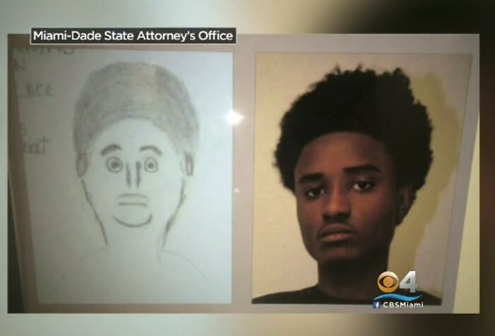 Police sketch from Miami-Dade State Attorney’s Office shown next to photo, highlighting poorly drawn caricature style.