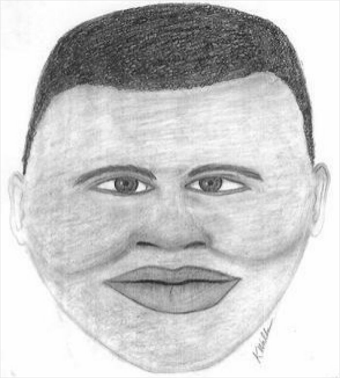 Hand-drawn police sketch of a man with exaggerated facial features resembling a bad caricature.