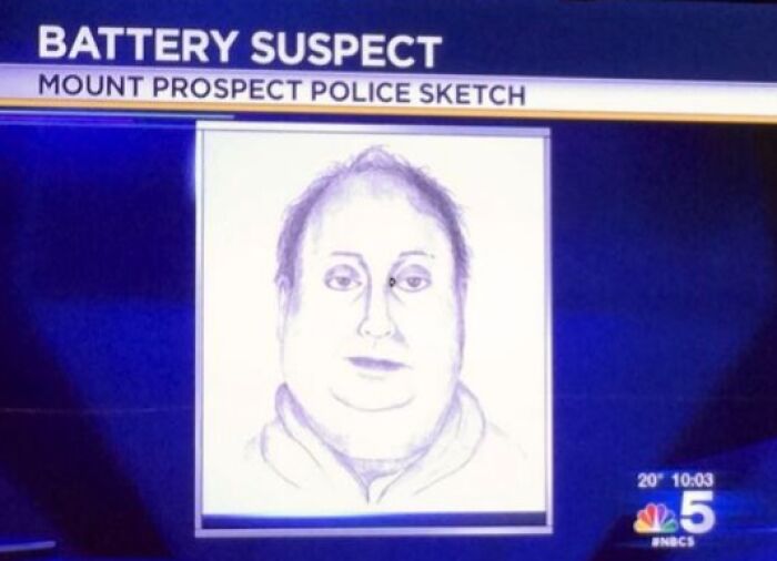 Police sketch of battery suspect from Mount Prospect resembling a poorly drawn caricature on a news broadcast.