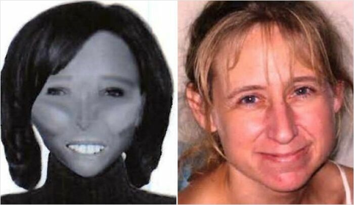 A police sketch resembling a bad caricature of a woman compared side-by-side with her actual photo.