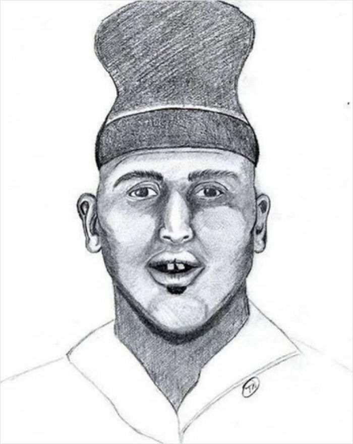 Police sketch of a man with a tall hat and missing front tooth, resembling a bad caricature drawing.