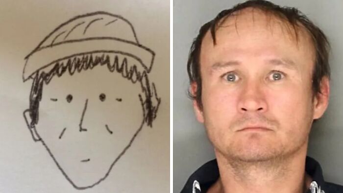 Side-by-side comparison of a crude police sketch and a real mugshot highlighting bad caricature police sketches.