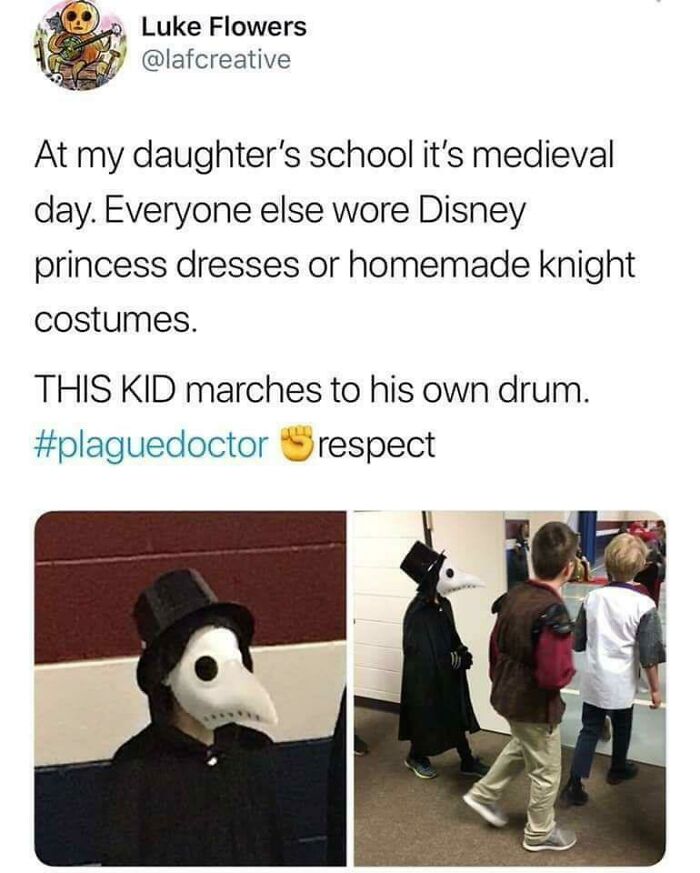 Child outsmarts grown-ups by wearing a unique plague doctor costume during school medieval day, standing out creatively.
