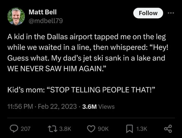 Tweet showing a kid outsmarting grown-ups with a funny story about a dad’s jet ski, capturing amusing kids moments.
