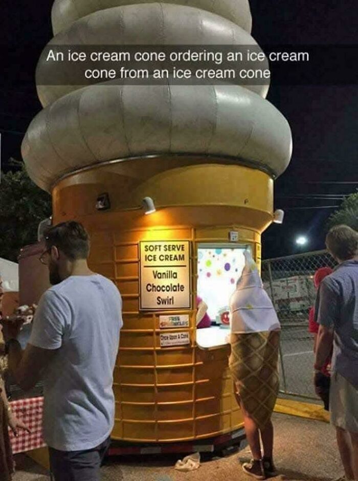 Person dressed as an ice cream cone ordering ice cream, a funny moment of kids outsmarting grown-ups in a playful way.