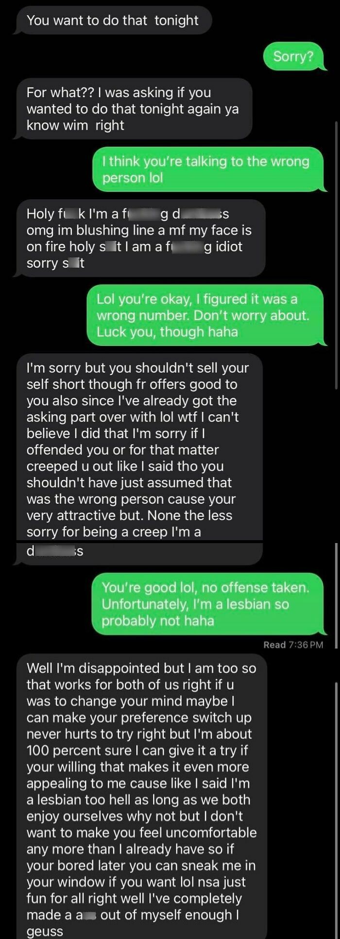 Text message exchange showing a woman serving a brutal comeback to a creepy man after a wrong number message.