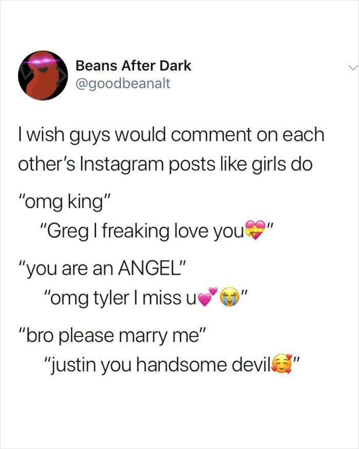 Screenshot of a chaotic tweet humorously wishing guys commented on Instagram posts like girls, showcasing chaotic tweets humor and humor study.