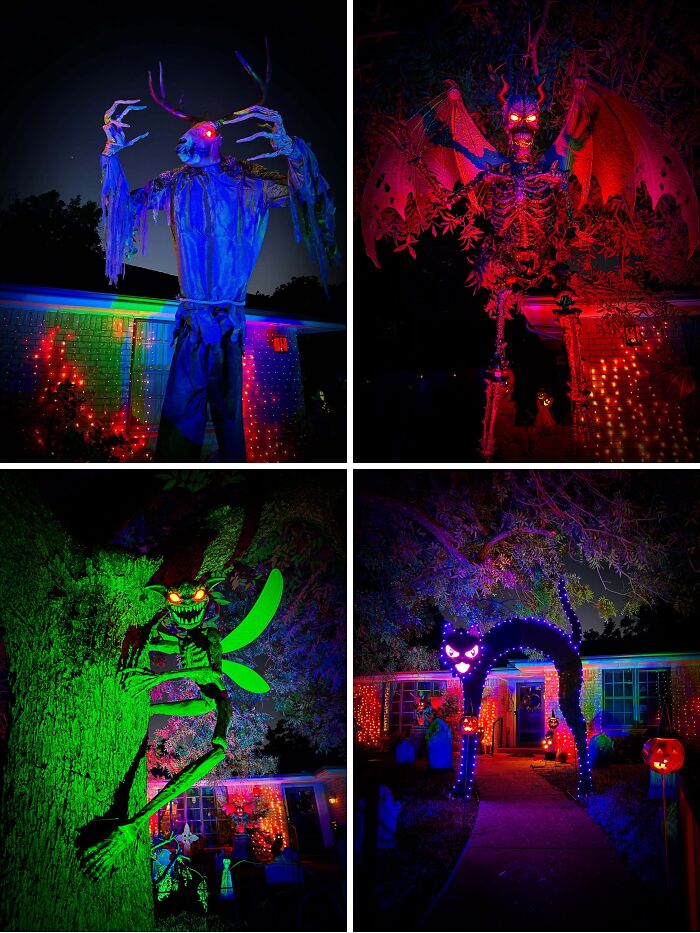 Outdoor Halloween decorations featuring glowing skeletons, monsters, and spooky light displays in a colorful yard setup.