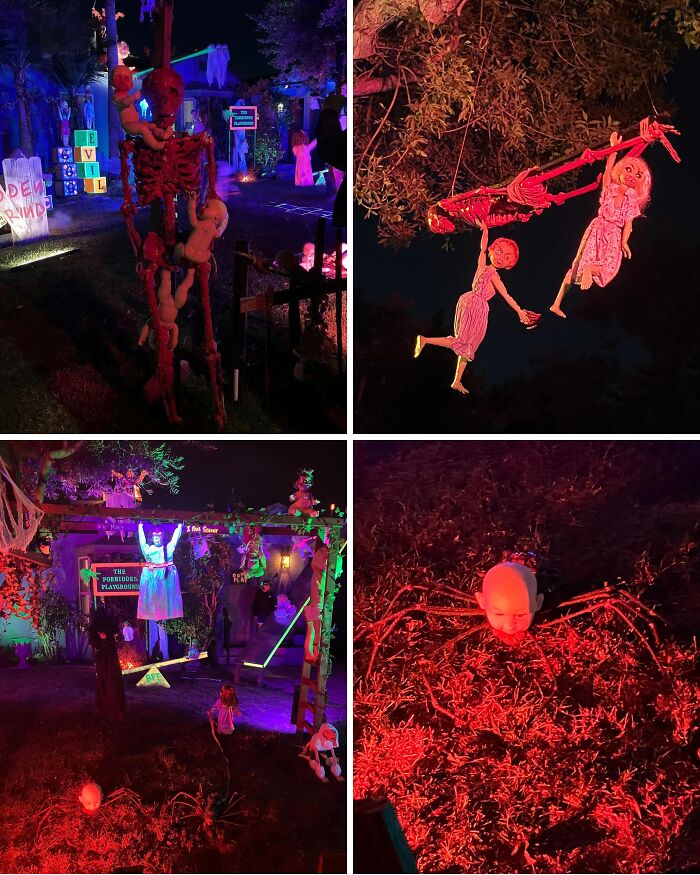 Outdoor Halloween decorations featuring eerie skeletons, dolls, and creepy lighting crafted for spooky night displays.