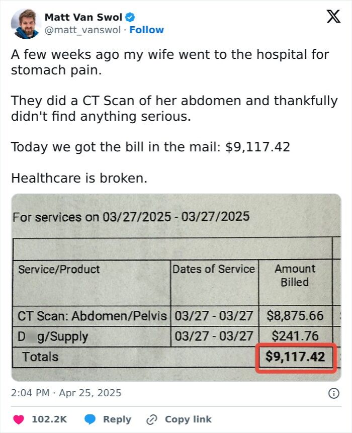 Tweet showing a $9,117.42 bill for a CT scan highlighting the harsh realities of American healthcare costs.