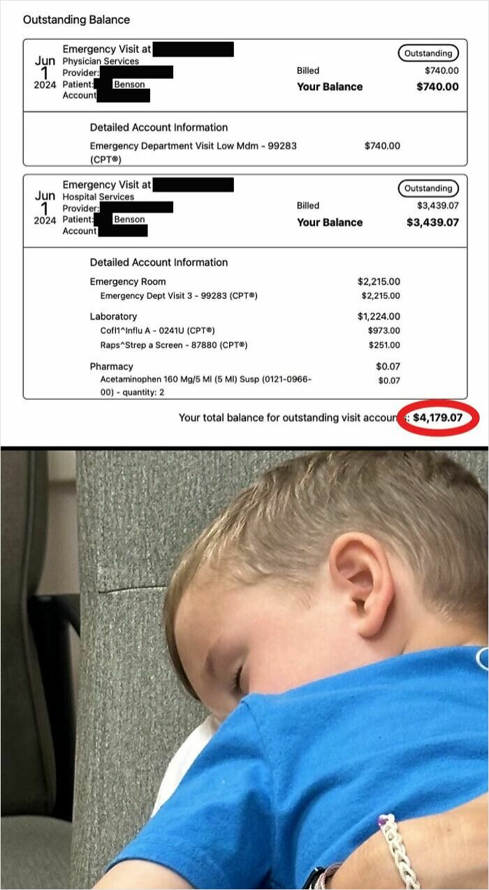 Medical bill showing high outstanding balance of $4,179.07 and a tired child resting, highlighting harsh realities of American healthcare.