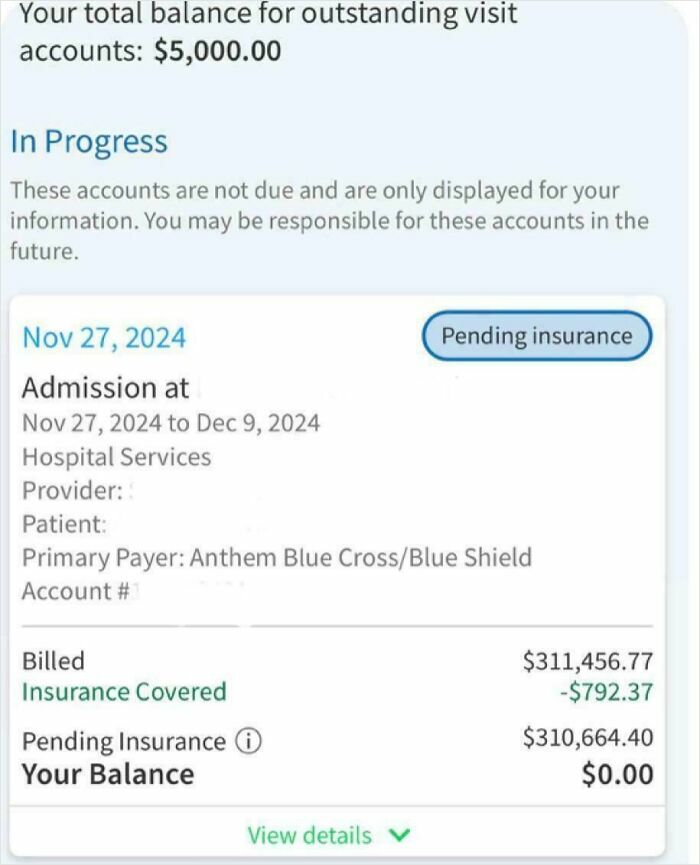 Medical billing statement showing a $311,456 charge with pending insurance in American healthcare realities.