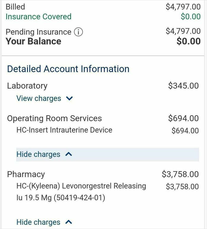Medical bill showing detailed charges for laboratory, surgery, and pharmacy, highlighting American healthcare costs and insurance coverage.