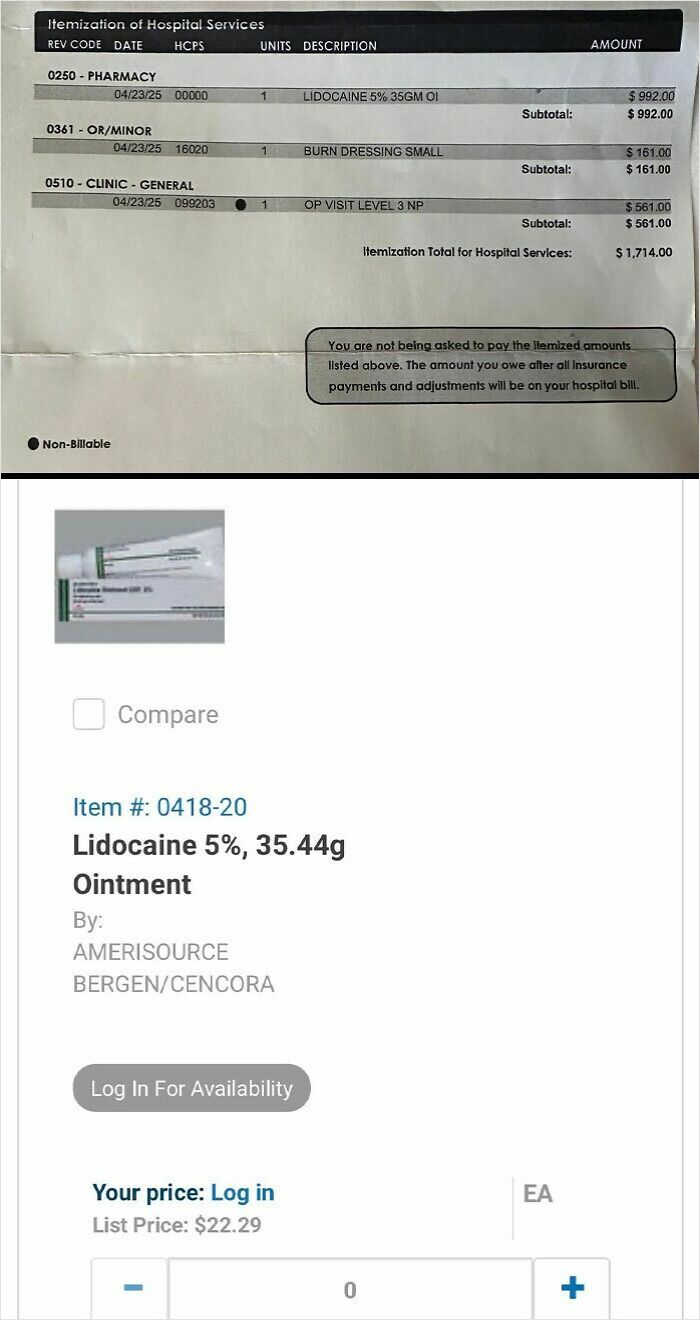 Hospital bill showing high cost of lidocaine ointment, highlighting harsh realities of American healthcare pricing.