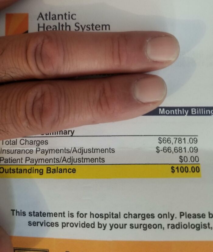 Hospital bill showing $100 outstanding balance after $66,681 insurance adjustments, highlighting harsh realities of American healthcare.