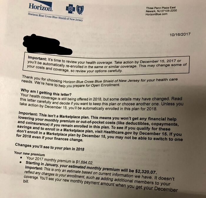 Horizon Blue Cross Blue Shield health coverage letter showing premium increase and enrollment warnings in American healthcare system.