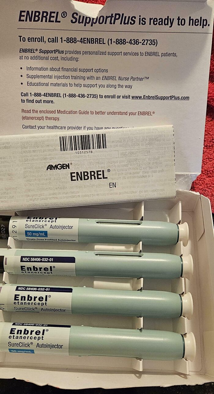 Several Enbrel etanercept autoinjectors in a box with packaging and support information highlighting American healthcare realities.