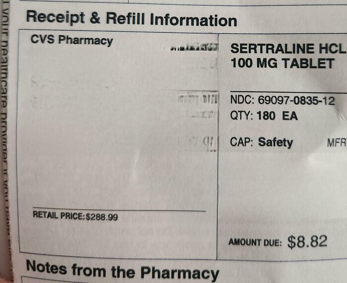 Pharmacy receipt showing high medication retail price versus low amount due, highlighting American healthcare realities.