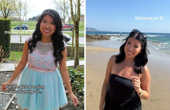 Woman sharing her glow up in her 30s, smiling confidently outdoors by the beach and garden, embracing aging positively.