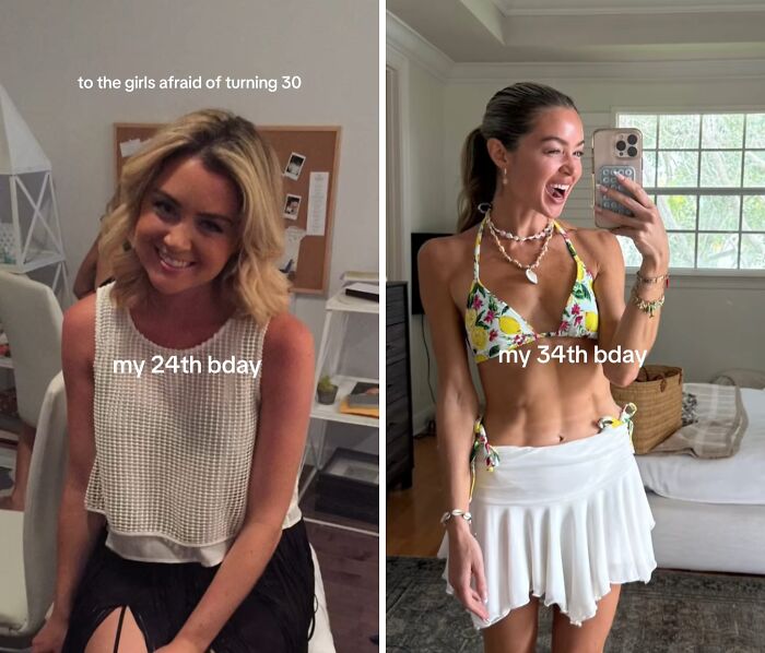 Comparison photo of a woman showing her glow up in her 30s, celebrating confidence and aging positively.