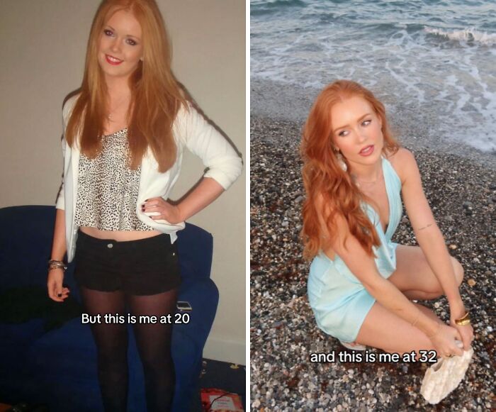 Side-by-side photos of a woman showing her glow up in her 30s, highlighting confidence and beauty by the beach.