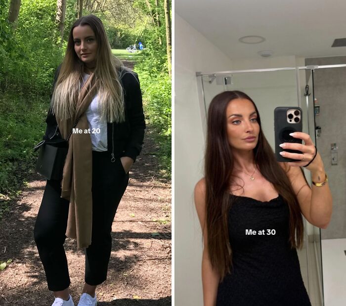 Side-by-side images showing a woman's glow up from age 20 outdoors to age 30 taking a mirror selfie indoors.