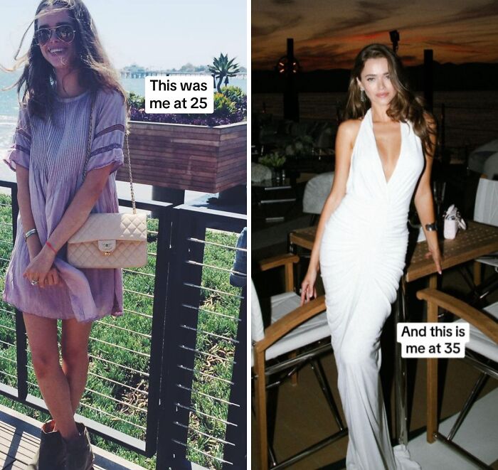 Woman showing her glow up from age 25 to 35, highlighting confidence and style during their 30s transformation.