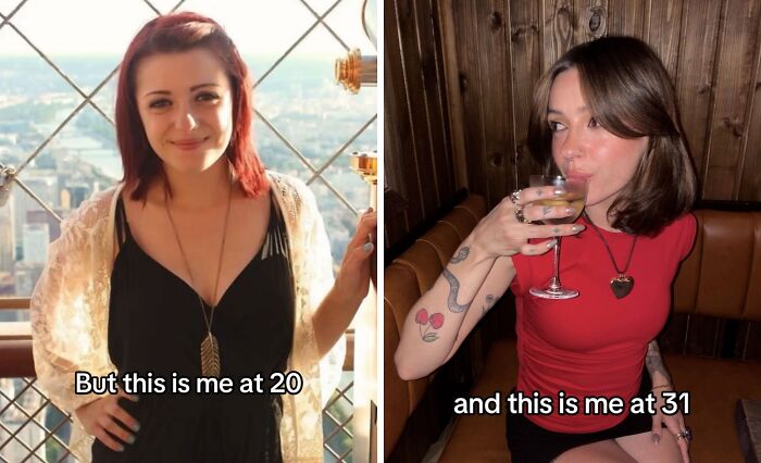 Side-by-side photos of a woman showing her glow up in her 30s, highlighting confidence and style changes.